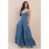 DENIM V-NECK SHOULDER STRAP O-RING BACK DETAILED TIERED WIDE