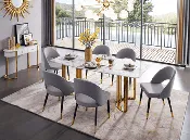 131 Marble Table and Gold 5-Piece Dining Room Set with 4 Gray Chairs