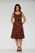 1950s Reproduction Black and Red Rose Floral Rockabilly Swing Dress