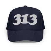 313 Detroit Foam Trucker Hat - Navy  - Embroidered with White