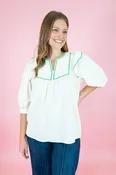 3/4 Sleeve Embroidered Top - Cream