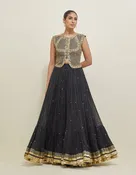 Black Hand Embroidered Chanderi Jacket Set