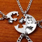 4 Best Friends Animal Necklaces, Owl, Penguin, Fox, Wolf, Kids Jewelry