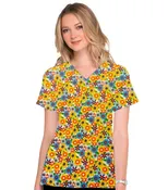 Blooming Flowers Print Scrub Top V Neck 2 Pocket Half Sleeve in Poplin Fabric 35% Cotton 65% Polyester
