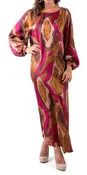 Abstract Wave Print Boat Neck Keyhole Back Satin Maxi Dress