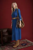 3/4 TAB SLEEVE BUTTON DOWN BELTED DENIM DRESS