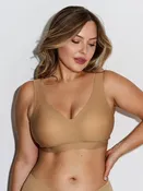 Everyday Seamless Wireless Minimizer V-Neck Bra in Latte