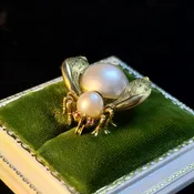 Vintage Yellow Gold Pearl and Ruby Insect Brooch
