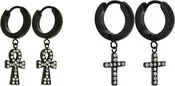 2 PAIRS Unisex Stainless Steel CZ Christian Cross Egyptian ANKH Cross Dangle Hanging Hinged Hoop Earrings Small Bling Ankh Cross Drop Dangling Earrings (Silver, Gold, Black)