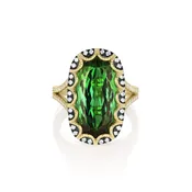 aaa green tourmaline, diamond faceted oval ring, <br>in 14k yellow+ black golds, <br>13.05ct tourmaline + .0.51cts diamonds