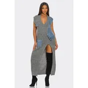 Grey Sweater Maxi Dress with Denim Patchwork & Slit
