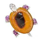 1950's Cartier Ruby Diamond Platinum 18 Karat Yellow Gold Vintage Articulated Turtle Brooch