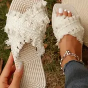 Beige Tassel Woven Crossed Strap Sandals