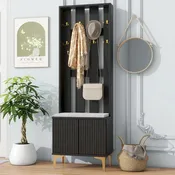 4-in-1 Hall Tree with Cushion Bench, Coat Rack with 8 Gold Hooks and Fluted Doors, Adjustable Shelves