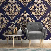 Beige and Blue Damask Basic Peel and Stick Removable Wallpaper 6574