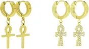 2 PAIRS Unisex Stainless Steel CZ Egyptian ANKH Cross Dangle Hanging Hinged Hoop Earrings Small Bling Ankh Cross Drop Dangling Earrings (Silver, Gold, Black)