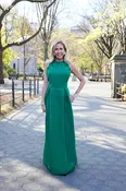 Cotton Flower AA-116 — Forest Green Silk Gown with White Floral Motif | Gramercy Atelier — Gramercy Atelier