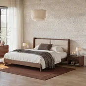 Modern Walnut King Size Solid Wood Bed with Boucle Headboard Pillows