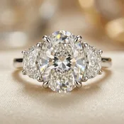 14K White Gold Lab Created Oval Diamond Engagement Ring with Half Moon Side Stones