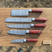 10" Chinese Cleaver & 13" Carving Knife Set — Twisted Damascus Steel with Red Pakka Wood Handles | JW SteelCrafts