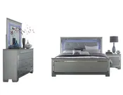 Almada 4PC Bedroom Set E King LED Bed, Dresser, Mirror, Nightstand in Silver Alligator Embossed