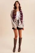 AnnieWear Polka Dot Shawl Scarf Oversize Sweater Cardigan in Oatmeal/Merlot