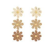 3 Tier Raffia Flower Linear Earrings - Natural/Gold