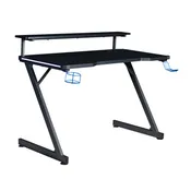 AON Series 48" LED Gaming Desk with Riser Shelf, Cable Management Grommet, Cup Holder & Headphone Hook – Carbon Fiber Black