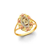 14K Tri-Color Gold CZ Quinceañera Sweet 15 Rose Flower Ring