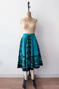 1950s Vintage Maya de Mexico Teal Floral Cotton Patio Full Circle Skirt