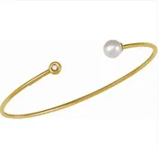 14K Yellow Cultured White Freshwater Pearl & .03 CT Natural Diamond Cuff 7" Bracelet — Design Studio Jewelry