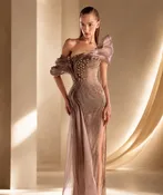 MNM Couture G2105 – Off Shoulder Beaded Evening Dress with Draped Sleeves