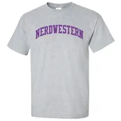 Adult Grey Short Sleeve Tee Shirt with “Nerdwestern” Design