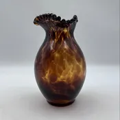 Art Glass Vase Amber Tortoiseshell Mottled Brown Ruffled Rim Vintage 9 Inch