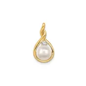 14k 7mm White Round Freshwater Cultured Pearl AA Diamond Pendant