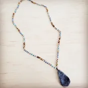 **Amazonite & Crystal Long Beaded Necklace w/ Druzy Pendant 262u