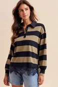 AnnieWear Lace Hem Striped Rugby Tee in Olive