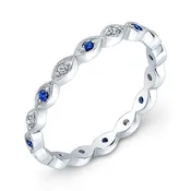 18K White Gold Hexagonal Milgrain Blue Sapphire and Diamond Eternity Stackable Ring | Jolie Designs