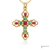 10KT Yellow Gold Ruby and Emerald Cross Pendant