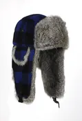 Mad Bomber Blue Plaid Wool Bomber Hat with Grey Rabbit Fur