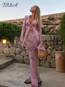 FSDA Print Y2K Mesh Long Sleeve Top Shirts Green And Maxi Skirt Bodycon Sexy Two Piece Sets Beach Outfits Women Club