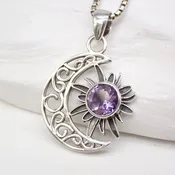 Amethyst Faceted Sun and Moon Celestial Sterling Silver Pendant