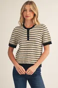 Black/Taupe Striped Light Knit Short Sleeve Top