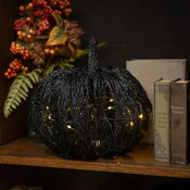 11" Lighted Black Glitter Rattan Pumpkin