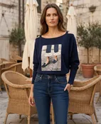 Midnight Navy Cold-Shoulder Graphic Knit Sweater C-0382