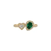 18K “Toi et Moi” Pear Cut Emerald Diamond Halo Ring