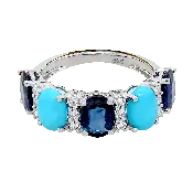 14K White Gold Sapphire, Turquoise & Diamond Band Ring
