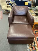 Crate & Barrel Brown Leather Swivel Chair with Ottoman Set