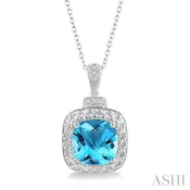 10x10 MM Cushion Shape Blue Topaz and 1/50 Ctw Round Cut Diamond Semi-Precious Pendant With Chain in Sterling Silver