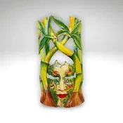 Bali Dewi Sri Mask: Hand Carved Bamboo Forest Goddess Wall Art